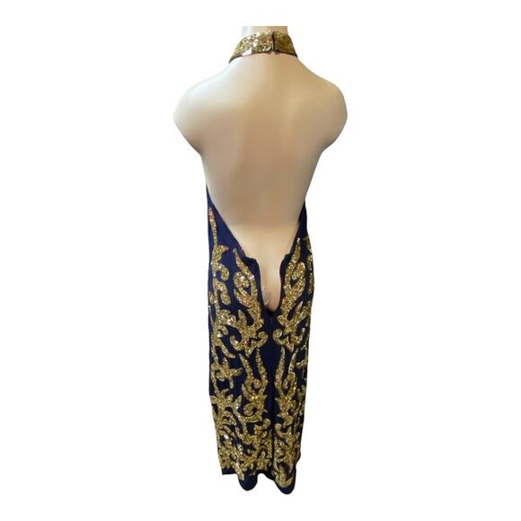 Frances Valentine M Goddess High Neck Open Back Formal Dress Blue Gold Sequin - Picture 7 of 8